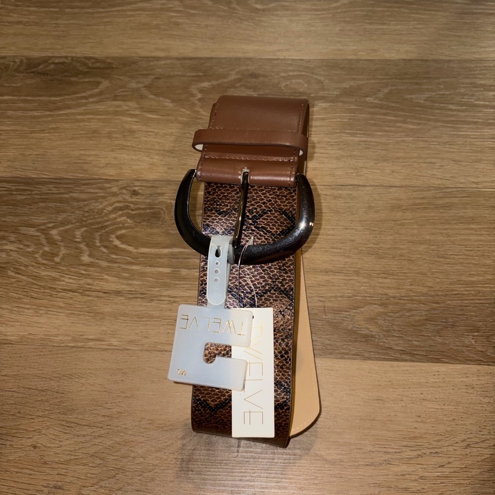 Twelve Womens Belt M/L Brown Snake Print Wide Statement Buckle Faux Leather NWT